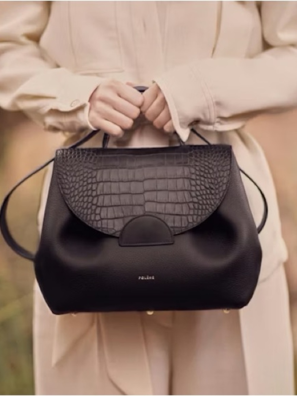 Polene Black Croc & Pebbled Leather Flap Bag